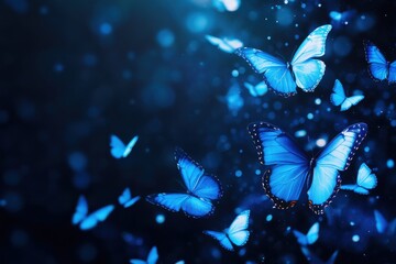 a blue background with a bunch of butterflies flying around