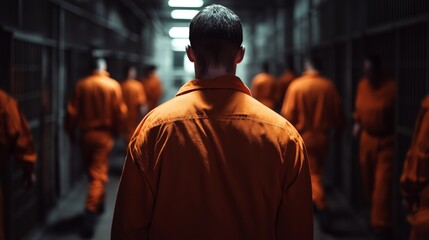 Wall Mural - dangerous prisoners, orange uniform, asylum, cinematic, dramatic lighting