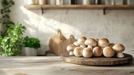 A selection of freshly harvested mushrooms, displayed on a rustic wooden countertop in a bright kitchen, minimalistic style with soft natural lighting, 3D render.