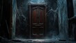 © peppastocker - A dimly lit wooden door surrounded by cobwebs in a secluded, abandoned building
