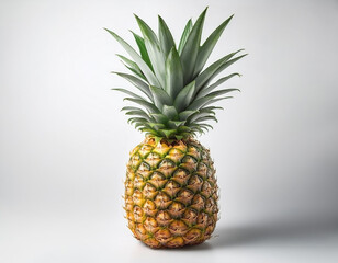 Wall Mural - One whole pineapple with green leaves, stands out against the pure white background