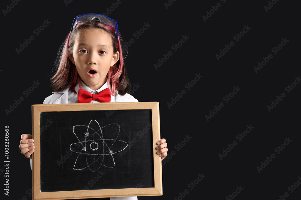 Cute little girl holding chalkboard with drawn atom on black background