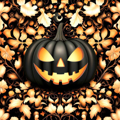 Black pumpkin with intricate golden leaves on ornate background. bright halloween 