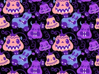 Wall Mural - Halloween cute pumpkins seamless monsters pattern for wrapping paper and fabric