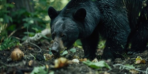 black bear scavenging for leftovers in garden compost.