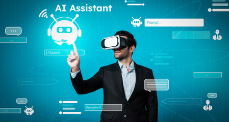 Caucasian business man using chat bot to support and assistant performance. Skilled investor using VR goggle while connecting in metaverse and visual reality world. Technology innovation. Deviation.