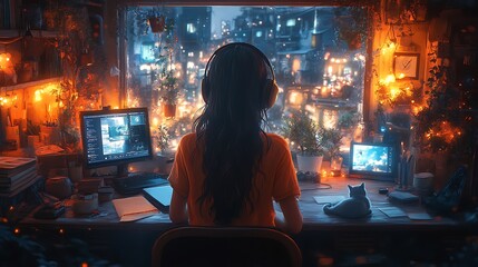 Wall Mural - Woman with headphones sits at desk in front of glowing futuristic cityscape window