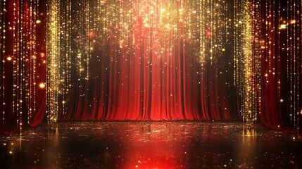 Wall Mural - Red Stage Curtain with Golden Glitter and Lights