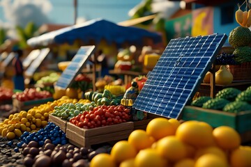 Poster - 3D digital model of a rural market with solar-powered stalls, where every detail from produce to vendor stands is fully animated in a vibrant, lifelike digital scene