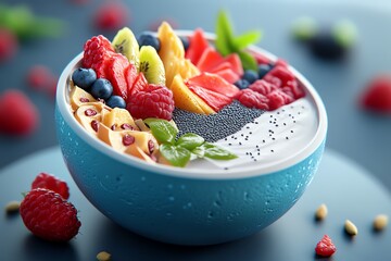 Aufkleber - 3D digital model of a smoothie bowl, with detailed fruits, seeds, and textures fully animated in a dynamic, interactive digital setting