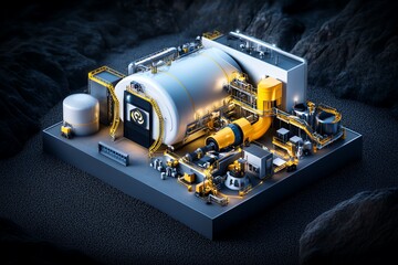 Fototapete - 3D digital visualization of carbon capture technology, showing how CO2 is trapped and stored underground, fully animated in a clean energy facility