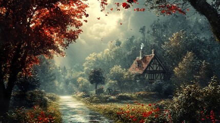 Poster - Cottage in the Forest with Sunlight and Rain