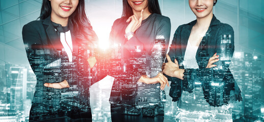 Wall Mural - double exposure image of many business people conference group meeting on city office building in ba
