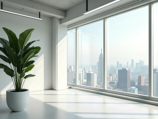 Wall Mural - Modern open office space with cityscape view, minimalist interior design featuring a large plant. Bright workspace concept. 3D Rendering corporate workplace professional view management decor lighting