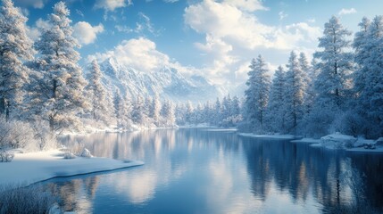  Frozen Lake with Cracks and Snow-Covered Pine Trees in a Winter Landscape