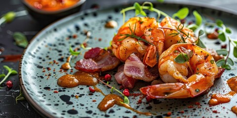 Close-up of an appetizer featuring prawns and bacon in barbecue sauce.