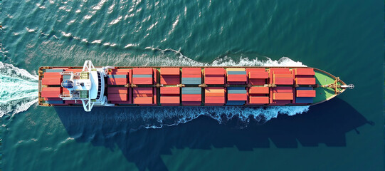 Aerial view on large commercial freighter transports a wide variety of goods on oceans around the world on sea routes