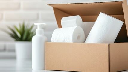 Poster - A box of toilet paper and a bottle of hand soap are on a table