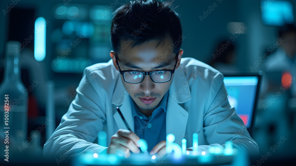 Computer scientist working on AI model in cutting-edge research lab ...