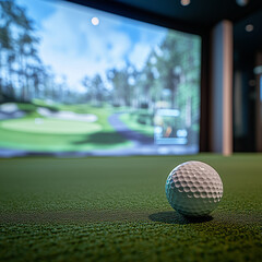 A golf ball is sitting on a green grassy field. The ball is white and has a small black dot on it. The field is surrounded by a green wall, and there is a golf simulator in the background