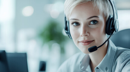 Smiling customer service representative with headset at work, professional help agent concept