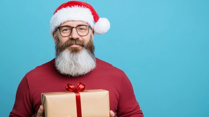 Wall Mural - A man with a beard and glasses is holding a brown box with a red ribbon