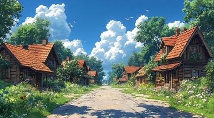 Wall Mural - Sunny Day in a Quaint Village with Cobblestone Road and Cute Wooden Houses