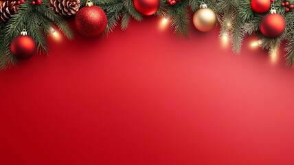 Poster - A red background with a bunch of Christmas decorations including red balls