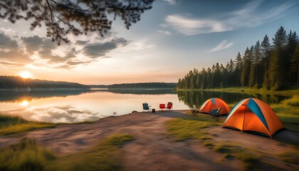 Serene lakeside campsite at dusk with vibrant sky reflections, campers relaxing amid natures beauty