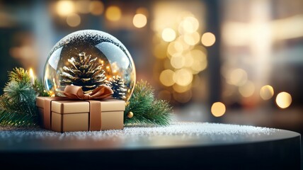 Poster - A Christmas tree ornament sits on a table next to a gift box