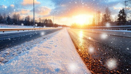 Canvas Print - A snowy road with a sunset in the background