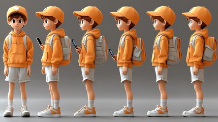 Wall Mural - 3D Model of a Boy in Orange Hoodie and Shorts with Backpack, Multiple Poses for Animation