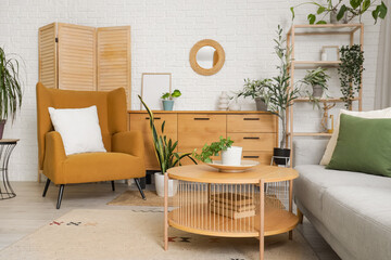 Canvas Print - Interior of living room with mirror, armchair and drawers