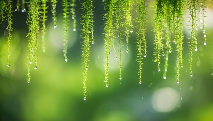 Canvas Print - Delicate hanging moss adorned with dewdrops, gracefully contrasted by a softly blurred green backdrop