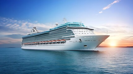  a large cruise ship sailing on calm waters. The ship is white with multiple decks and has a sleek, modern design. It is moving towards the right side of the image