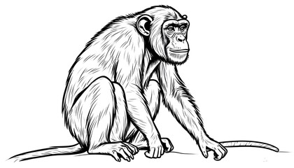 Minimalist line drawing of a chimpanzee sitting on the ground, gazing to the left against a clean white background