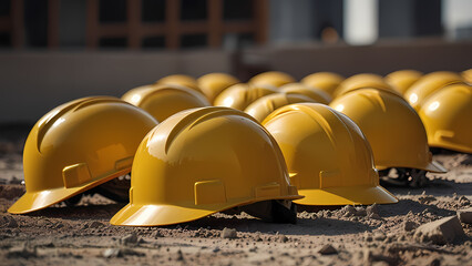 close-up scene featuring multiple yellow helmets scattered around a construction project site