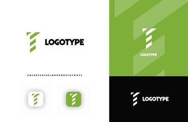 Poster - Bold diagonal stripes creating geometric shapes letter T logo for technology, finance, banking, cryptocurrency, corporate branding, architecture, construction, real estate. Vector illustration