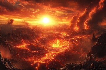 Wall Mural - a fiery scene with a large red sun and a large red moon, generative ai image