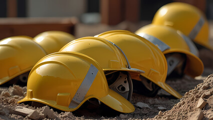 close-up scene featuring multiple yellow helmets scattered around a construction project site