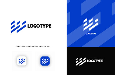 Poster - Bold diagonal stripes creating geometric shapes letter W logo for technology, finance, banking, cryptocurrency, corporate branding, architecture, construction, real estate. Vector illustration