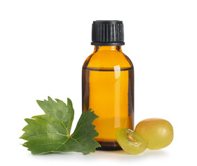 Wall Mural - Bottle of cosmetic grape seed oil on white background