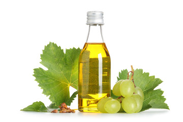 Wall Mural - Bottle of cosmetic grape seed oil on white background