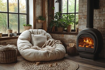 Canvas Print - Cozy living room interior design with comfortable armchair, fireplace, and large window