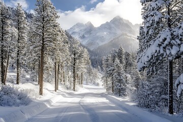 Wall Mural - Snowy forest path leading to majestic mountain peaks under a bright blue sky