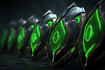 Fototapete - A fantasy world where ethical hackers are cyber warriors, defending mystical data fortresses with glowing green shields and digital swords