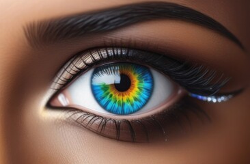 Woman showing colorful eye lens with makeup