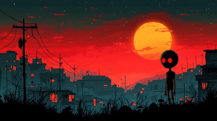 Sticker - Silhouette of a little person standing in front of a city at sunset, with large red moon