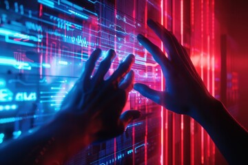 A pair of hands are touching a computer screen with a blue and red glow, generative ai image