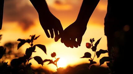 a silhouette of two hands holding each other against a backdrop of a sunset. The sky is filled with warm hues of orange and yellow, creating a romantic and serene atmosphere